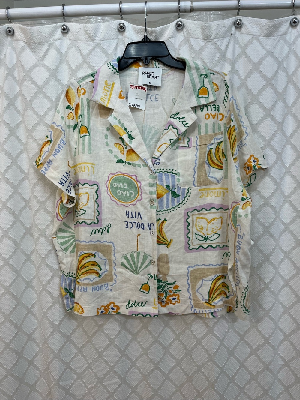 Paper Heart Cream Short-Sleeve Button-Up Blouse with Yellow & Green Print